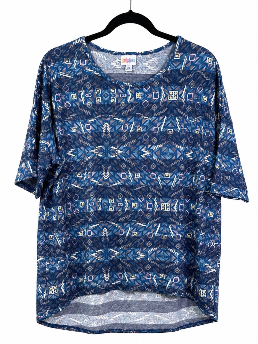 LuLaRoe Irma Tunic XL Blue Geometric Stripe Hi-Low Oversized Stretch NWT comfy
